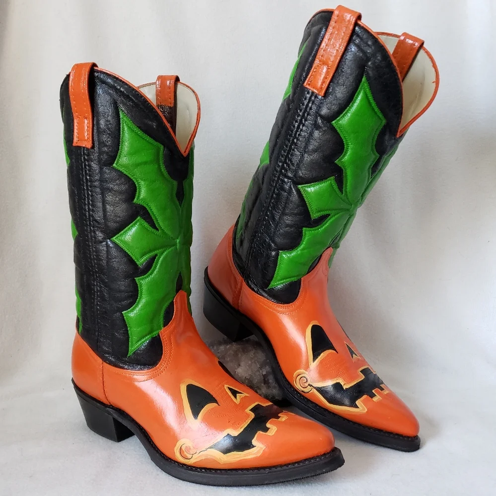 ❌SOLD❌Custom Jackolantern Vintage ACME Western Boots Pumpkin Cowboy Boots - Picture 5 of 14